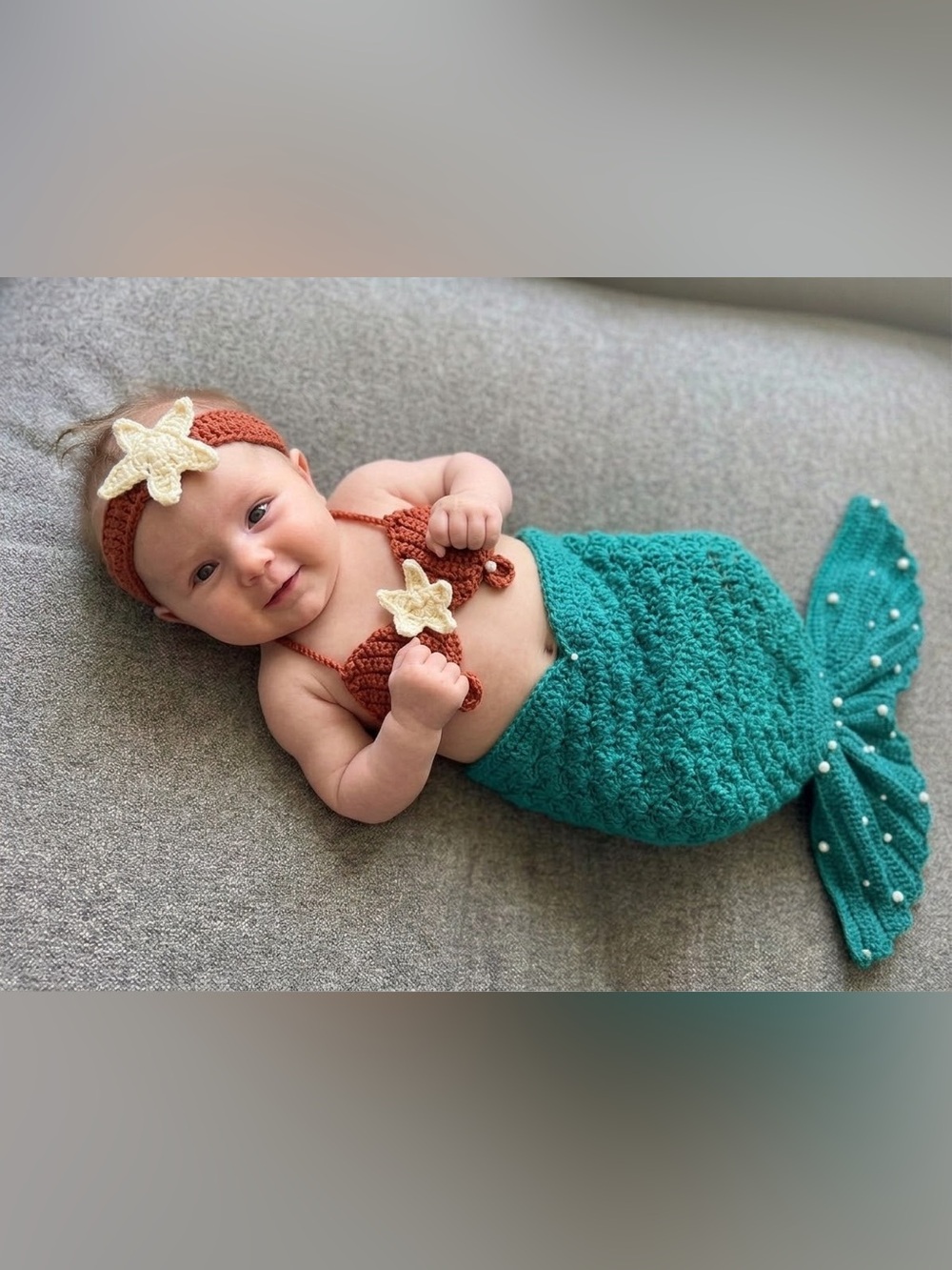 Handmade Teal Mermaid Tail Set with Rust Bikini and Cream Star Accent